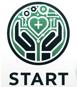 Logo for the START tool. Open hands around a heart with a technology theme.